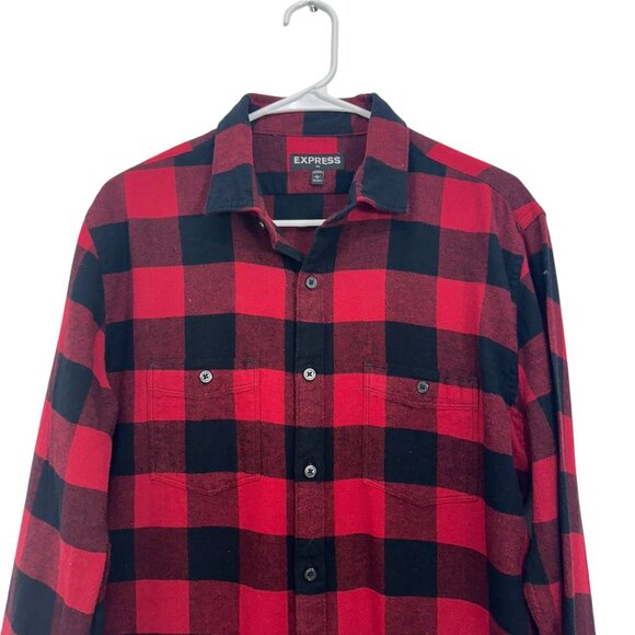 Express Mens Flannel Red & Black Plaid Long Sleeve Button-Down Shirt Size L - Picture 2 of 10